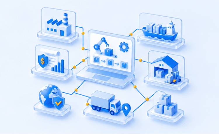 Supply chain automation network linking manufacturing, shipping, warehousing, logistics and finance