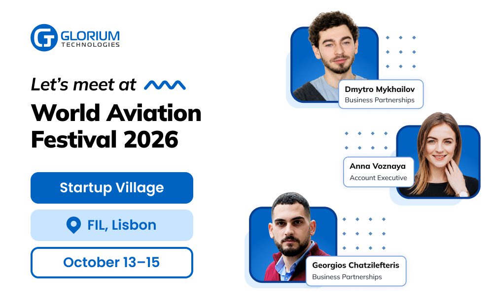 World Aviation Festival 2026 poster with Glorium representatives and event details.
