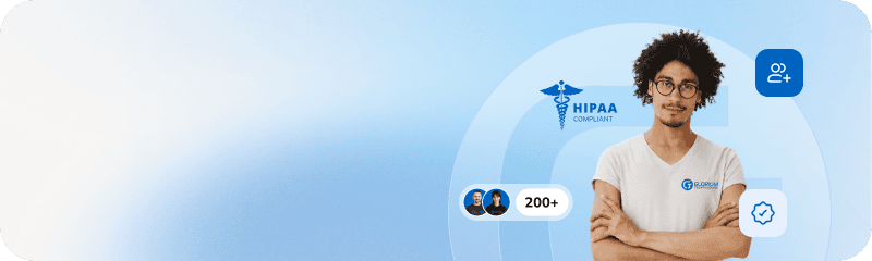 Team illustration with HIPAA Compliant and 200+ badges.