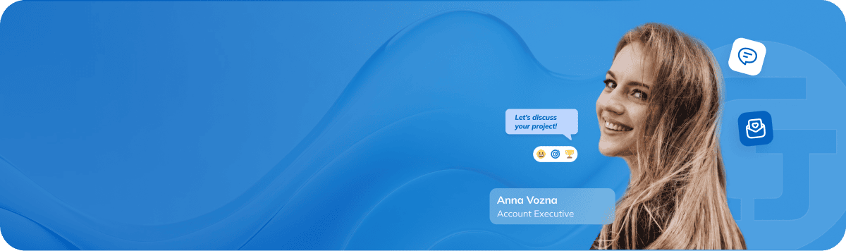 Anna Vozna, Account Executive, with project discussion graphics.