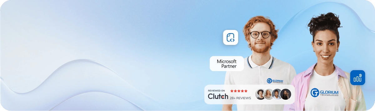 Two Glorium Technologies team members with Microsoft Partner and Clutch badges