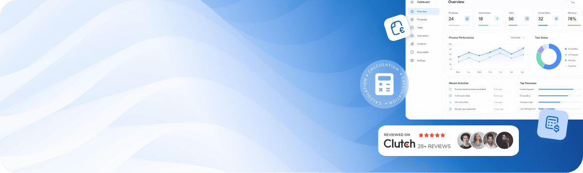Business process dashboard with calculator icons and Clutch review badge